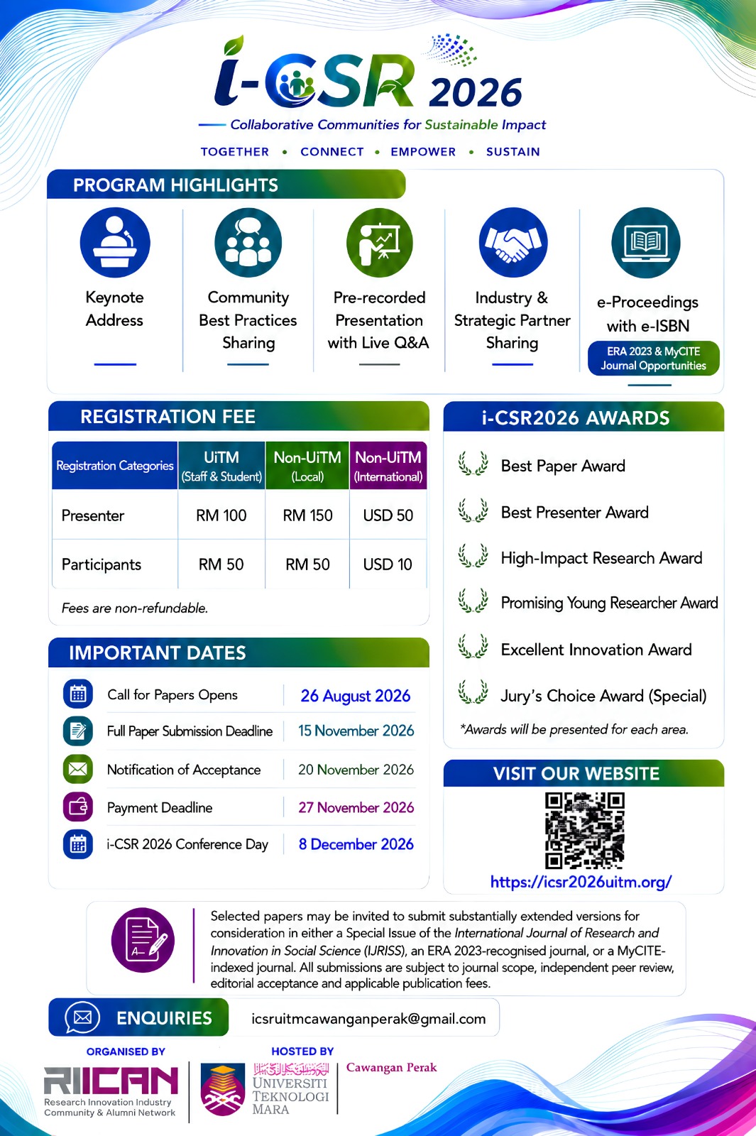 i-CSR 2026 poster page 2: programme highlights, fees, awards and journal opportunities